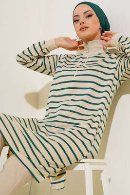 Dik Yaka Fermuarlı Uzun Tunik Zümrüt Yeşili 