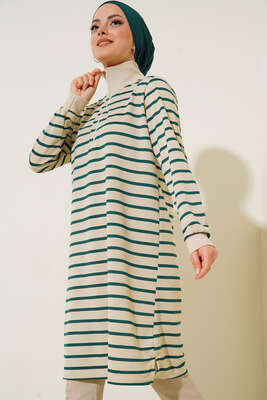 Dik Yaka Fermuarlı Uzun Tunik Zümrüt Yeşili - Tunik