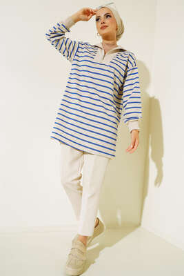 Dik Yaka Fermuarlı Yatay Şeritli Tunik İndigo - Tunik