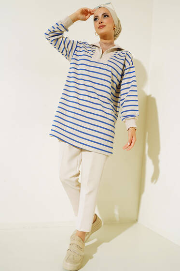 Dik Yaka Fermuarlı Yatay Şeritli Tunik İndigo - Tunik
