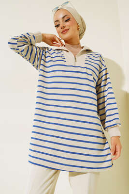 Dik Yaka Fermuarlı Yatay Şeritli Tunik İndigo - Tunik