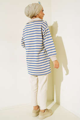 Dik Yaka Fermuarlı Yatay Şeritli Tunik İndigo - Tunik