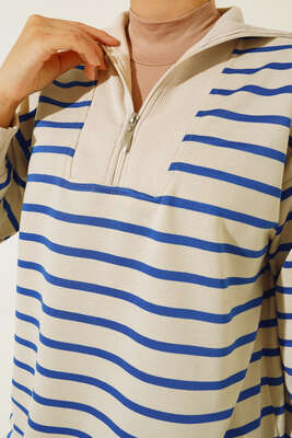 Dik Yaka Fermuarlı Yatay Şeritli Tunik İndigo - Tunik