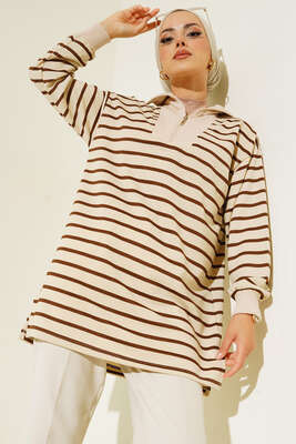 Dik Yaka Fermuarlı Yatay Şeritli Tunik Kahve 