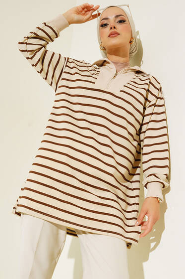Dik Yaka Fermuarlı Yatay Şeritli Tunik Kahve - Tunik