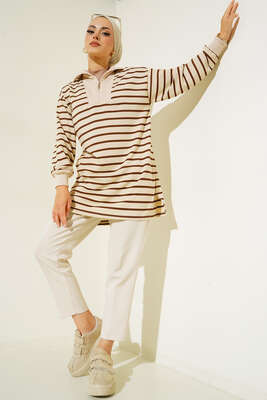 Dik Yaka Fermuarlı Yatay Şeritli Tunik Kahve - Tunik