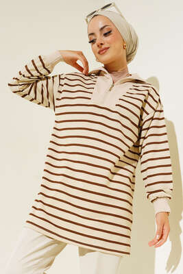 Dik Yaka Fermuarlı Yatay Şeritli Tunik Kahve - Tunik