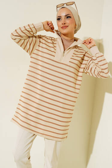 Dik Yaka Fermuarlı Yatay Şeritli Tunik Latte - Tunik