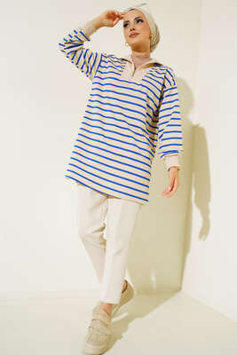 Dik Yaka Fermuarlı Yatay Şeritli Tunik Saks - Tunik