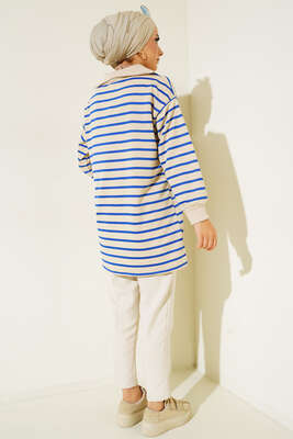 Dik Yaka Fermuarlı Yatay Şeritli Tunik Saks - Tunik