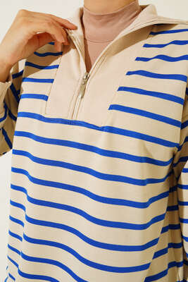 Dik Yaka Fermuarlı Yatay Şeritli Tunik Saks - Tunik