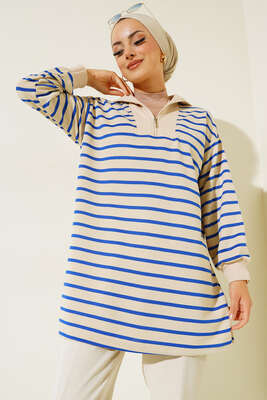 Dik Yaka Fermuarlı Yatay Şeritli Tunik Saks 