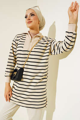 Dik Yaka Fermuarlı Yatay Şeritli Tunik Siyah 