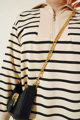 Dik Yaka Fermuarlı Yatay Şeritli Tunik Siyah - Tunik