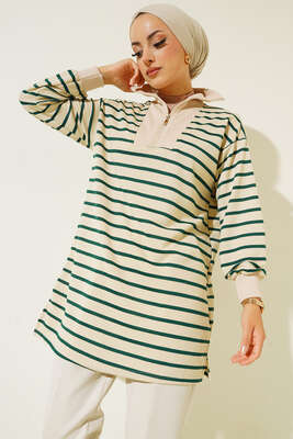 Dik Yaka Fermuarlı Yatay Şeritli Tunik Yeşil - Tunik