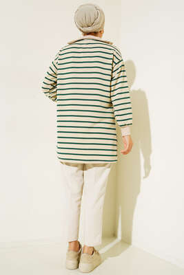 Dik Yaka Fermuarlı Yatay Şeritli Tunik Yeşil - Tunik