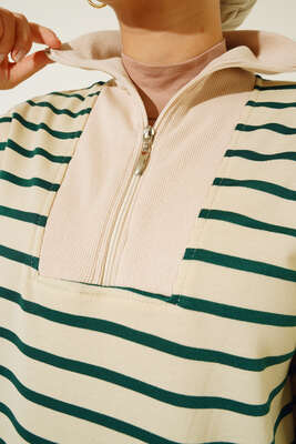 Dik Yaka Fermuarlı Yatay Şeritli Tunik Yeşil - Tunik