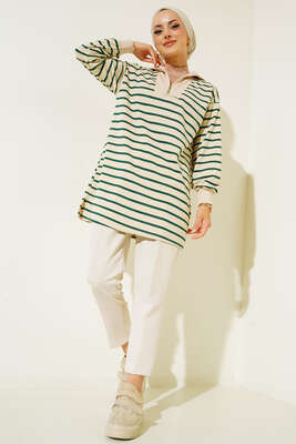 Dik Yaka Fermuarlı Yatay Şeritli Tunik Yeşil 