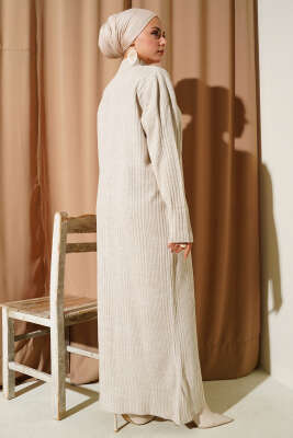 Dik Yaka Fitilli Triko Elbise Bej - Elbise