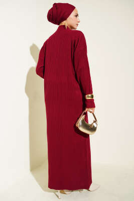 Dik Yaka Fitilli Triko Elbise Bordo - Elbise