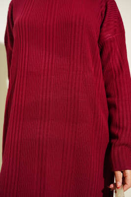 Dik Yaka Fitilli Triko Elbise Bordo - Elbise