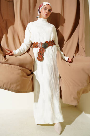 Dik Yaka Fitilli Triko Elbise Ekru - Elbise