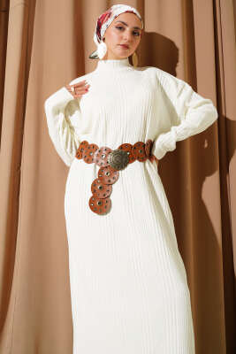 Dik Yaka Fitilli Triko Elbise Ekru - Elbise