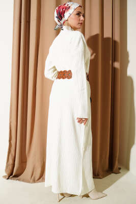 Dik Yaka Fitilli Triko Elbise Ekru - Elbise