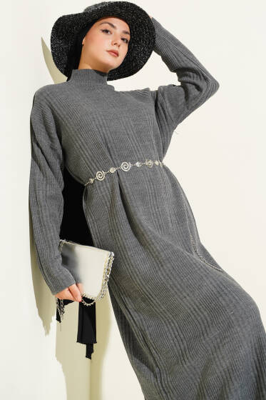 Dik Yaka Fitilli Triko Elbise Füme - Elbise