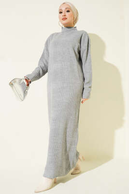 Dik Yaka Fitilli Triko Elbise Gri - RAFİMİX