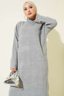Dik Yaka Fitilli Triko Elbise Gri - Elbise