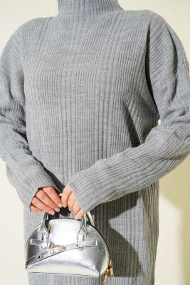 Dik Yaka Fitilli Triko Elbise Gri - Yılın Fırsatı