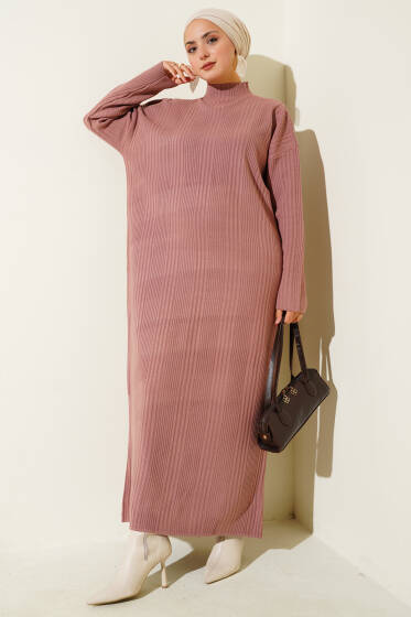 Dik Yaka Fitilli Triko Elbise Gül Kurusu - Elbise