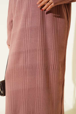 Dik Yaka Fitilli Triko Elbise Gül Kurusu - Elbise