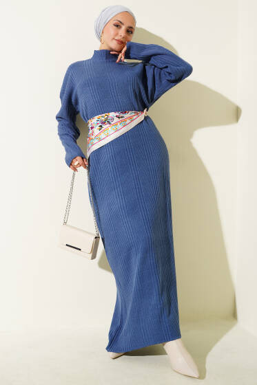 Dik Yaka Fitilli Triko Elbise İndigo - Elbise