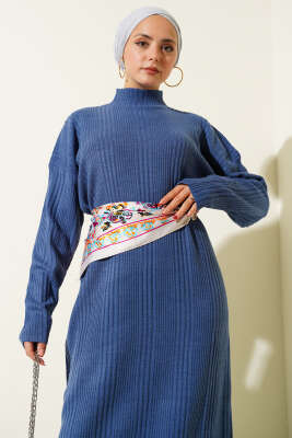 Dik Yaka Fitilli Triko Elbise İndigo - Elbise