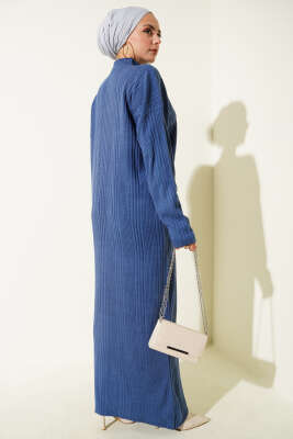 Dik Yaka Fitilli Triko Elbise İndigo - Elbise