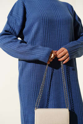 Dik Yaka Fitilli Triko Elbise İndigo - Elbise