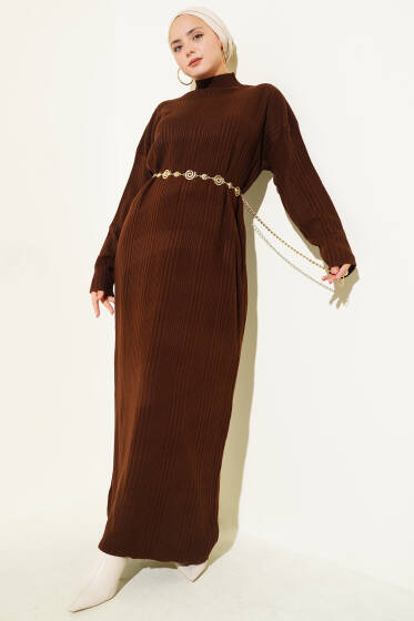 Dik Yaka Fitilli Triko Elbise Kahve - Elbise