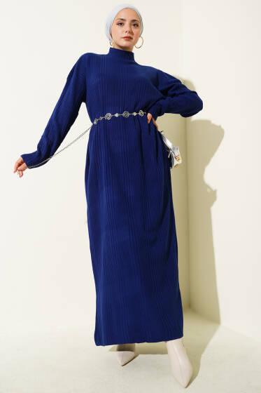 Dik Yaka Fitilli Triko Elbise Lacivert - Elbise