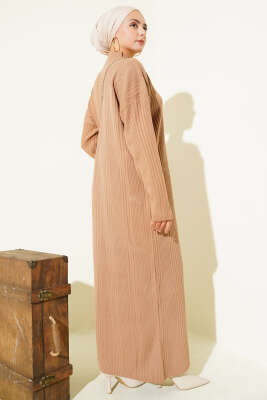 Dik Yaka Fitilli Triko Elbise Latte - Elbise