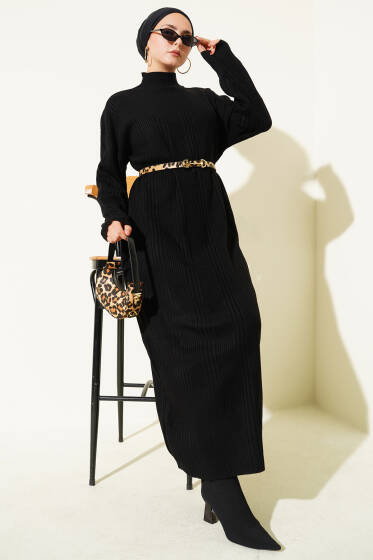 Dik Yaka Fitilli Triko Elbise Siyah - Elbise