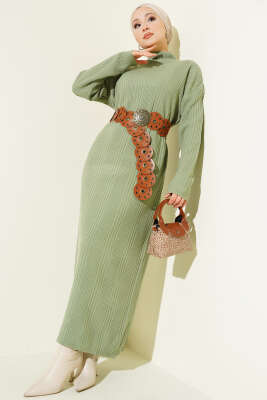 Dik Yaka Fitilli Triko Elbise Su Yeşili 