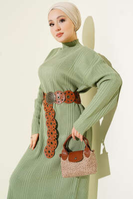 Dik Yaka Fitilli Triko Elbise Su Yeşili - Elbise