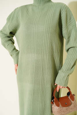 Dik Yaka Fitilli Triko Elbise Su Yeşili - Elbise