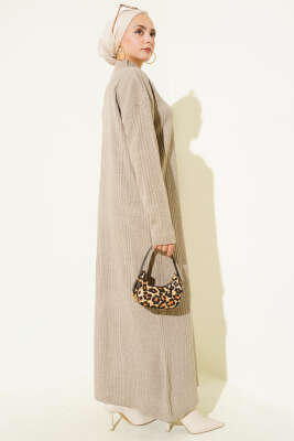 Dik Yaka Fitilli Triko Elbise Vizon - Elbise