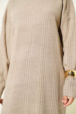 Dik Yaka Fitilli Triko Elbise Vizon - Elbise