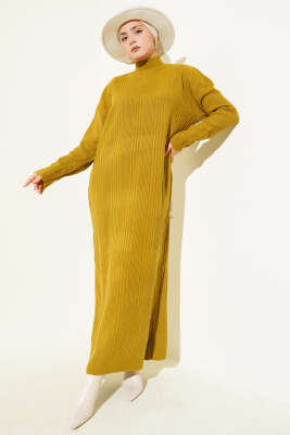 Dik Yaka Fitilli Triko Elbise Yağ Yeşili - Elbise