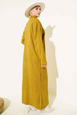 Dik Yaka Fitilli Triko Elbise Yağ Yeşili - Elbise