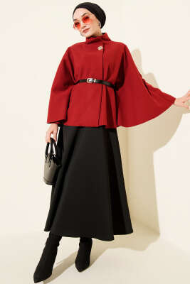 Dik Yaka Gold Düğmeli Kaşe Panço Bordo - Panço